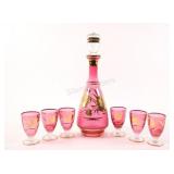 Bohemian Cranberry Decanter Etched Set