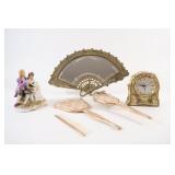 Vanity Set w Brass & Fan Mirror, Figurine & Clock