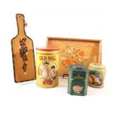 Wooden Folk Art Tray & Paddle Board w Tins