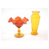 Amberina Diamond Point Compote Dish & Vase