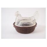 VTG Clear Glass Split Hen in Ceramic Basket
