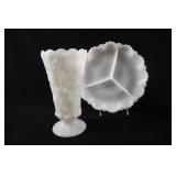 White Milk Glass Divided Relish Platter & Vase
