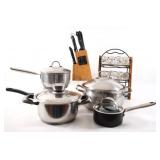 Stainless Pots & Pans, Spice Rack & Knife Set