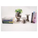 Silver-Finished Vase & Candle Holders w Books