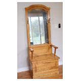 Oak Entryway Hall Tree w Mirror, Storage Bench