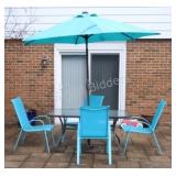 Outdoor Glass Table w 4 Chairs & Teal Umbrella