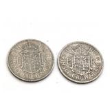 British Half Crown Pieces from 1963 and 1956.