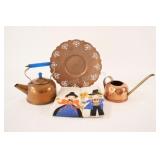 VTG Copper Kettle w Blue Handle, Plate & Watering