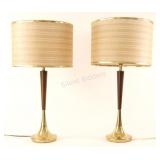 Mid Century Original Tapered Wood w Brass Lamps
