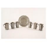 European Pewter, Six Petite Tankards w Platter