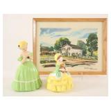 Signed Rural Farmhouse Watercolor & Figurines