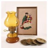 Needlepoint Balloon Lady, Amber Lamp,Brass Plates