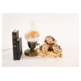 Electric Hurricane Lamp, Hand Carved Cherub, Book
