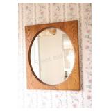 1970s Style Oak Square Mirror w a Round Glass