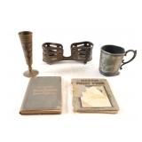 Antique Pocket Books, Victorian Cup,Brass Bud Vase