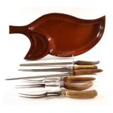 Mahogany Wooden Leaf Tray, Horn Carving Sets
