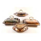 Silverplate Lidded Casserole Dishes w Gravy Boat