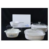 French White & Pyrex Baking Dishes w Glass Board