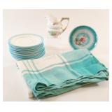 Art Deco Plates, Tea Pot Trivet, Linen Tablecloth