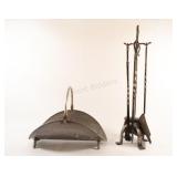 1960's Hammered Metal Wood Carrier & Fireplace Set