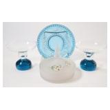 VTG Satin Vanity Jar, Aqua Blue Plate & Glassware
