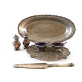 Antique Silverplate Bread Plate w Salt Cellars
