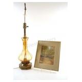 VTG Amber Glass Body Lamp w Watercolor Art