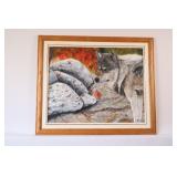 Framed Oil on Canvas Painting of a Wolf