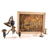 French Empire Style 3-Arm Pendant Lamp w Artwork