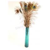 Turquoise Textured Glass Vase w Peacock Feathers