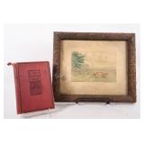Antique Watercolor Carved Frame w Hard Cover Book