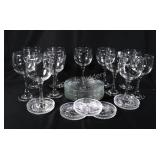 Glass Stemware, Crystal Coasters w Desert Plates