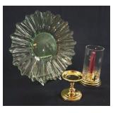 Green Art Glass Platter w Party Lite Candle Lamp