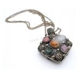 VTG Perfume Bottle Pendant Necklace w Stones