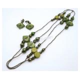 VTG Green Art Glass Necklace & Earring Set
