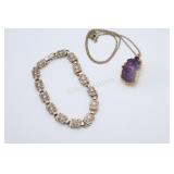 Amethyst Gold Plate Pendant w SIlver Tone Bracelet
