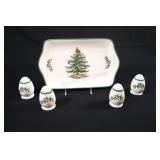 SPODE Christmas Tree S&P Shakers w Sandwich Tray