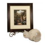 Ceramic Glazed Cat w Litho Framed Print