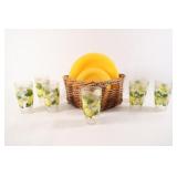 VTG Plastic Glassware, Plates w Basket