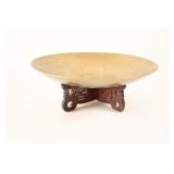 VTG Chinese Etched Brass Bowl on Carved Stand
