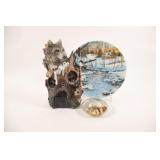 Wolf Statue, Collector Plate & Glass Paperweight