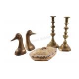 19th C English Beehive Candlesticks,Duck Bookends