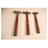 Set of three Ball-Peen Hammers w Wooden Handles