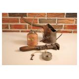 Vintage Lock, Monkey Wrench, Oil Jug & Oil Can