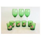 VTG Green Stemware & Hand Painted Floral Tumblers