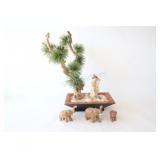 Artificial Pine Bonsai Tree & Carved Elephants