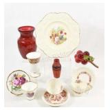 Red Glass Decor, Tea Cups,Floral Plate, Spode Vase