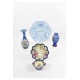 Sterling Overlay & Glass Vases, Painted Bowl