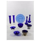 Blue Overlay Vases, Bowl, Glassware & Plate