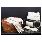 Antique Hat Box, Leather Paris Gloves, Bead Purses